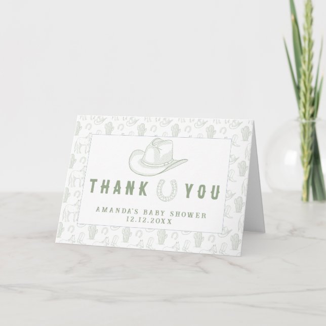Toile De Jouy Green Cowboy Baby Shower Thank you Card (Front)