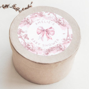 Toile de Jouy Paris Pink Bow Baby Shower Classic Round Sticker