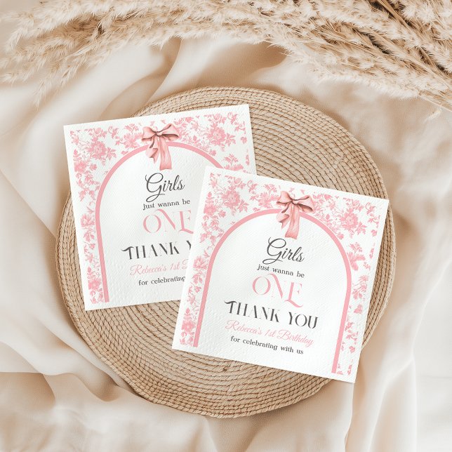 Toile de Jouy Pink Bow First 1st Birthday Decor Napkin (Creator Uploaded)