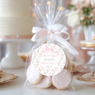 Toile De Jouy Pink Bow Girl Baby Shower Classic Round Sticker