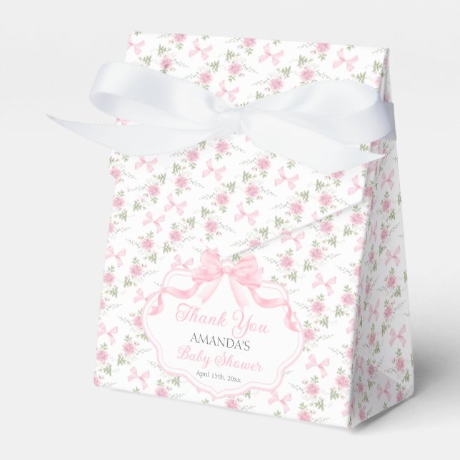Toile De Jouy Pink Bow Girl Baby Shower Favour Box (Front Side)