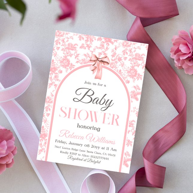 Toile de Jouy Pink Bow Girl Baby Shower Invitation (Creator Uploaded)