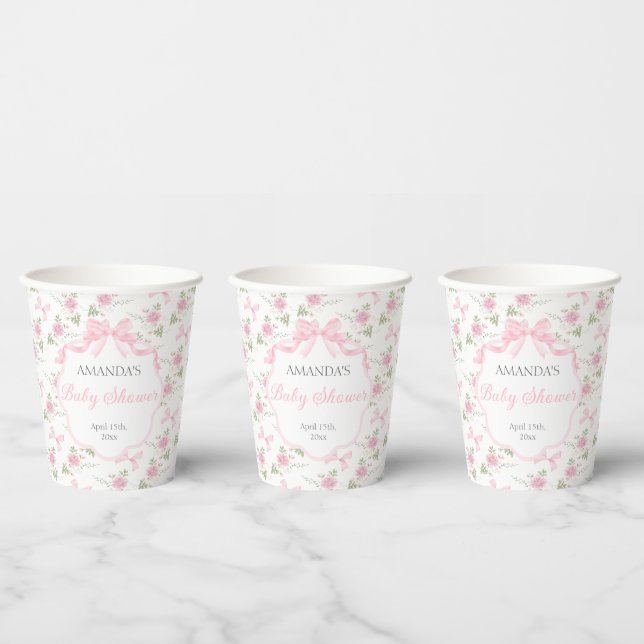Toile De Jouy Pink Bow Girl Baby Shower Paper Cups (Multi)