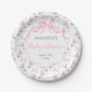 Toile De Jouy Pink Bow Girl Baby Shower Paper Plate