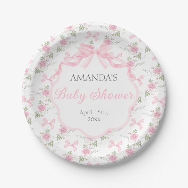 Toile De Jouy Pink Bow Girl Baby Shower Paper Plate (Front)