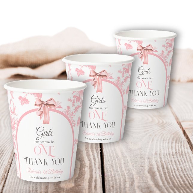Toile de Jouy Pink Bow Girl First 1st Birthday Paper Cups (Creator Uploaded)