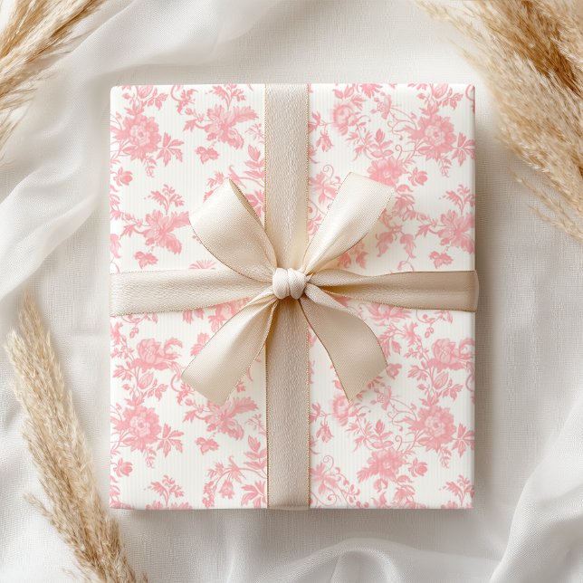 Toile de Jouy Pink Bow Girl First 1st Birthday Wrapping Paper (Creator Uploaded)