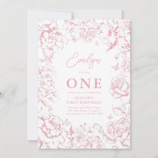 Toile de Jouy Pink Floral Girl 1st Birthday Party Invitation