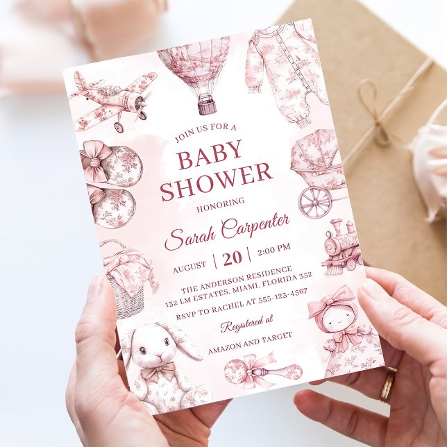 Toile De Jouy Pink Girl Baby Shower Party Invitation (Creator Uploaded)