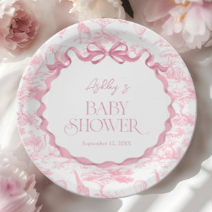 Toile de Jouy Pink Safari Animals Baby shower Paper Plate