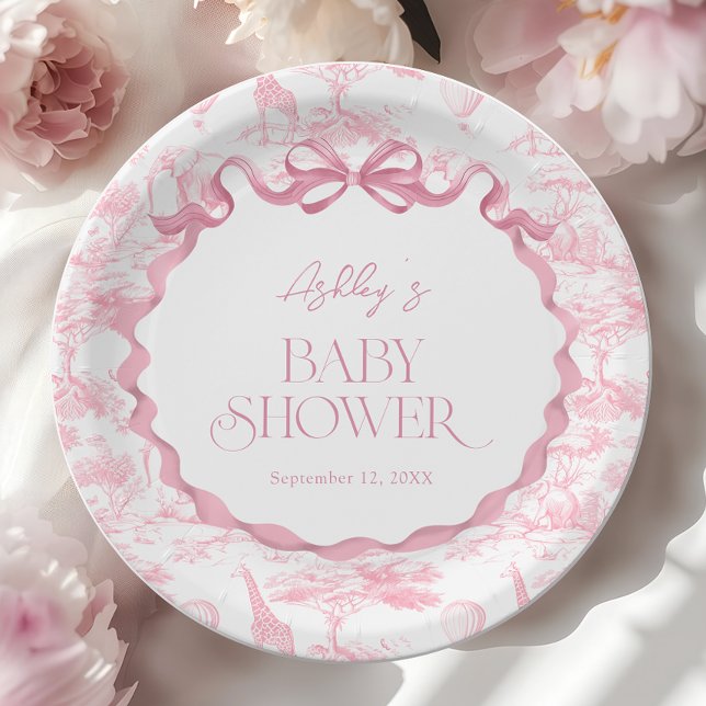 Toile de Jouy Pink Safari Animals Baby shower Paper Plate (Creator Uploaded)