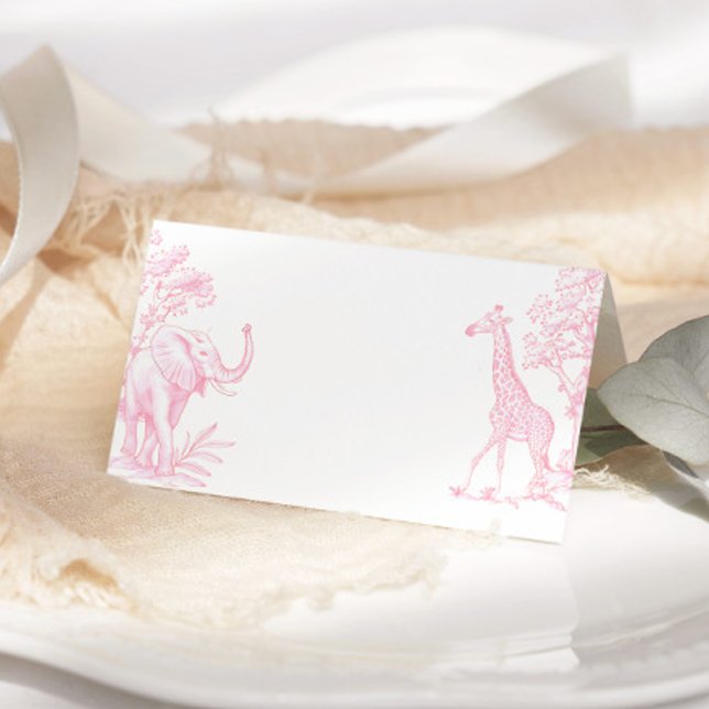 Toile de jouy Pink Safari minimalist baby shower Place Card (Creator Uploaded)