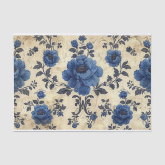 Toile de Jouy roses in blue on aged Tissue Paper