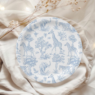 Toile de Jouy Safari animals blue Baby shower Paper Plate