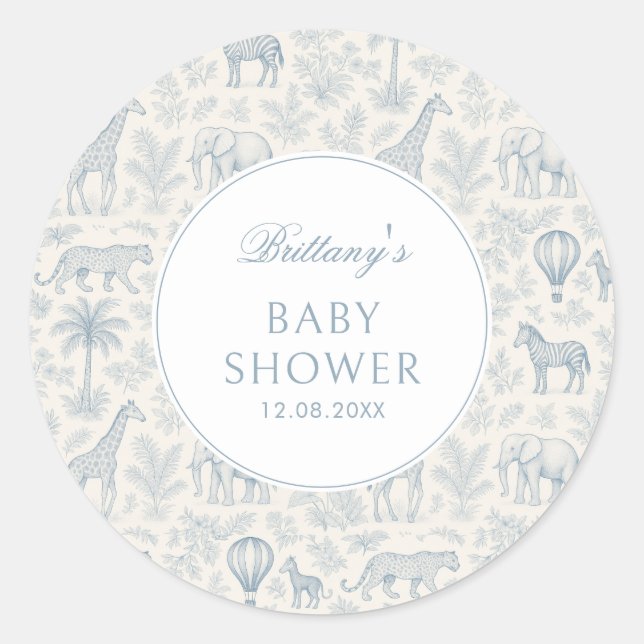 Toile De Jouy Safari Animals Blue Boy Baby Shower  Classic Round Sticker (Front)
