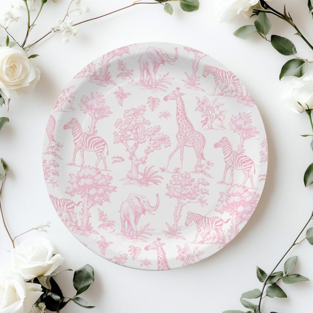 Toile de Jouy Safari animals Pink Baby shower Paper Plate (Creator Uploaded)