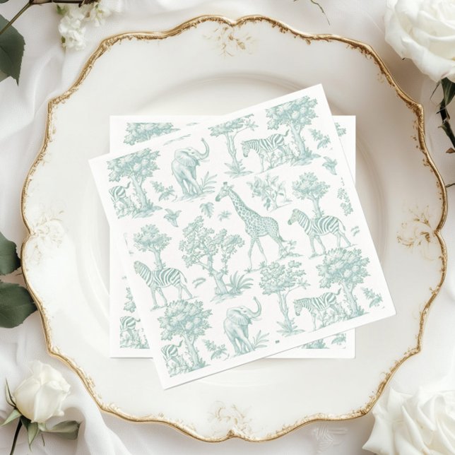 Toile de Jouy Safari animals Sage Baby shower Napkin (Creator Uploaded)