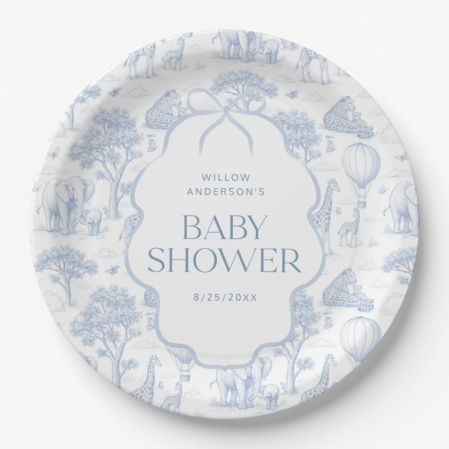 Toile De Jouy Safari Blue Baby Shower Paper Plates (Front)