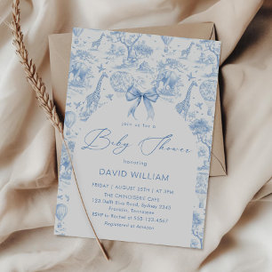 Toile de Jouy Safari Blue Bow Baby shower Invitation