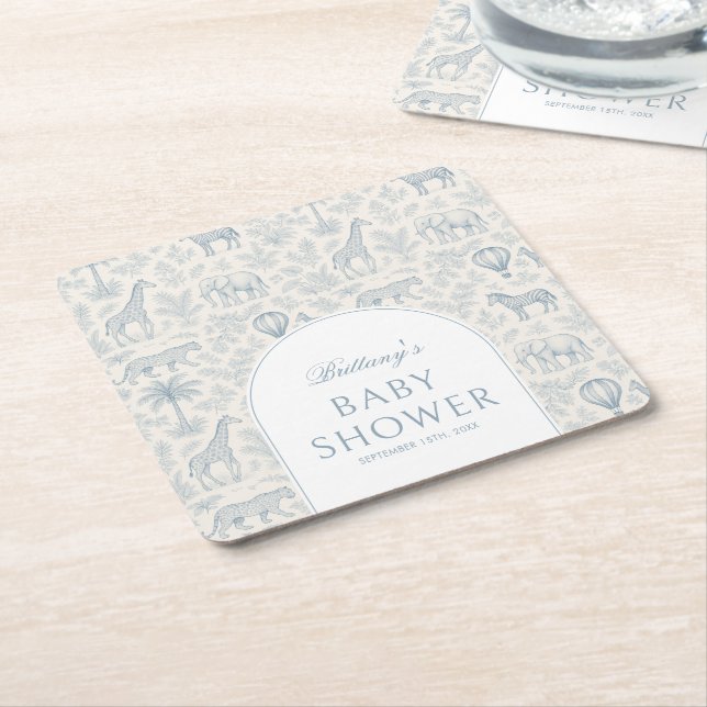 Toile De Jouy Safari Blue Boy Baby Shower  Square Paper Coaster (Angled)