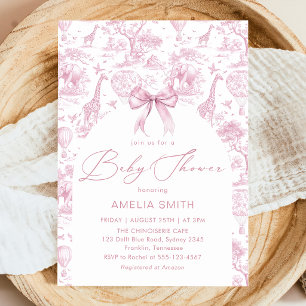 Toile de Jouy Safari Pink Bow Baby shower Invitation