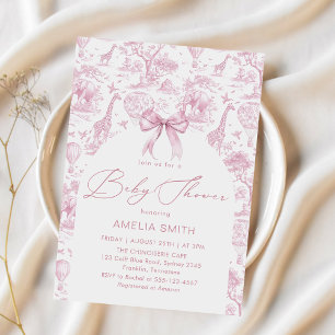 Toile de Jouy Safari Pink Bow Baby shower Invitation