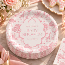 Toile De Jouy Safari Pink Girl Baby Shower Plates