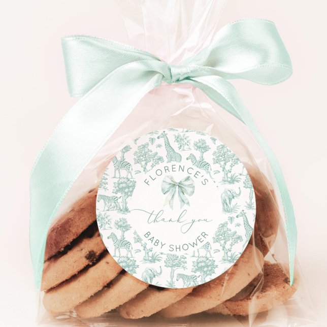 Toile de jouy Safari Sage Baby shower thank you Classic Round Sticker (Creator Uploaded)