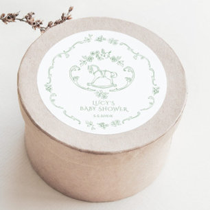 Toile de Jouy Sage Green Rocking Horse Baby Shower Classic Round Sticker
