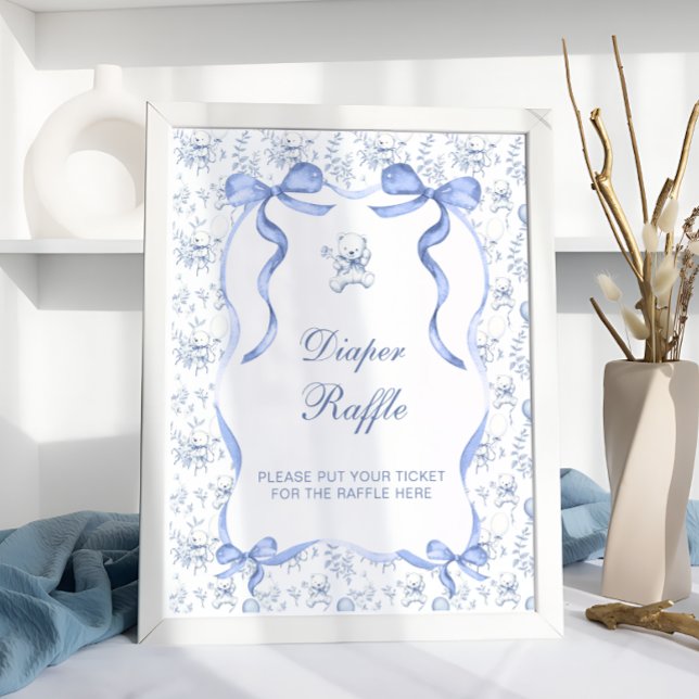 Toile De Jouy Teddy Bear Baby Shower Diaper Raffle Poster (Creator Uploaded)