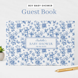 Toile De Jouy Teddy Bear Blue Baby Shower Guest Book