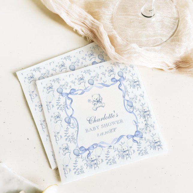 Toile De Jouy Teddy Bear Dusty Blue Baby Shower Napkin (Creator Uploaded)