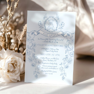 Toile de Jouy Teddy bear French blue baby shower Invitation