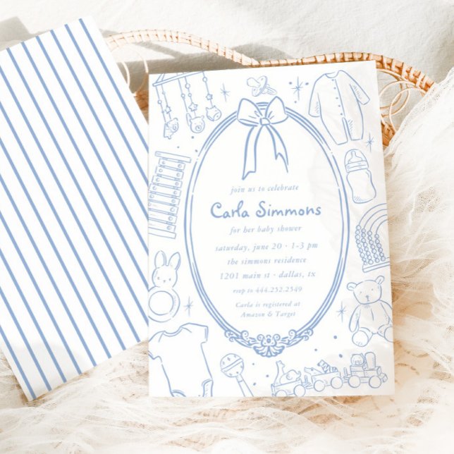 Toile De Jouy Whimsical Blue Baby Shower Invitation (Creator Uploaded)
