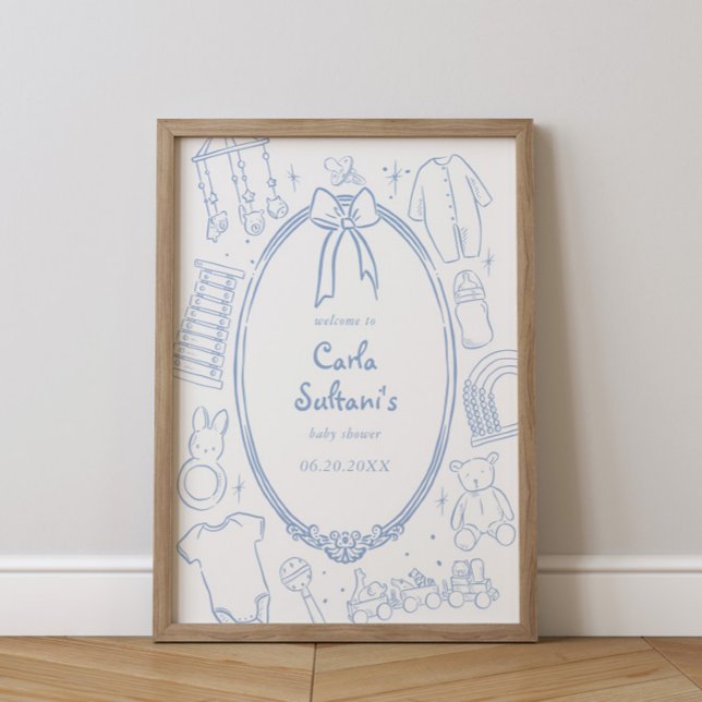 Toile De Jouy Whimsical Blue Baby Shower Poster (Creator Uploaded)