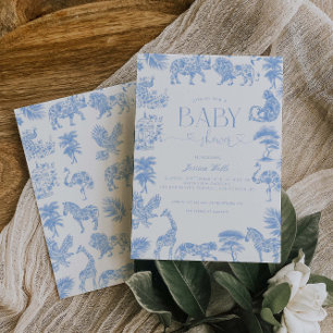 Toile De Jouy White And Blue Safari Baby Shower  Invitation