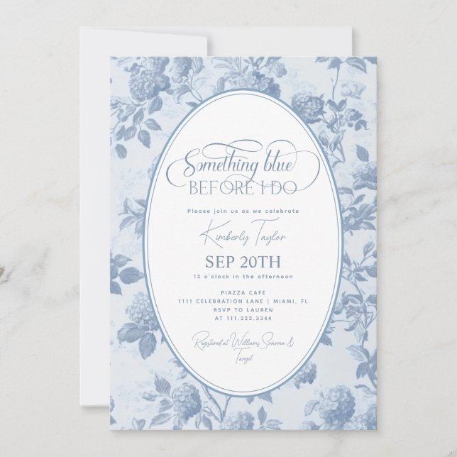 Toile Dusty Blue Something Blue Bridal Shower Invitation (Front)