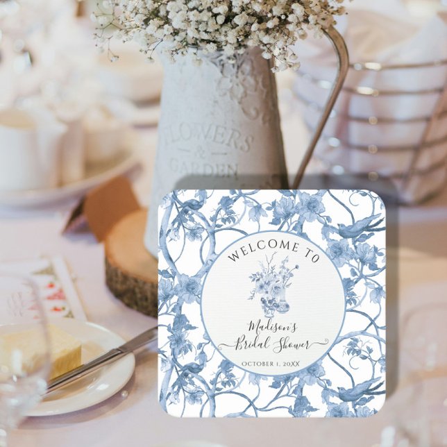 Toile Elegant Floral Blue and White Bridal Shower Square Paper Coaster (Creator Uploaded)