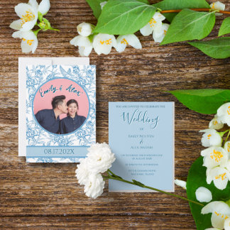 Toile Floral Bird Light Blue Photo Wedding  Invitation