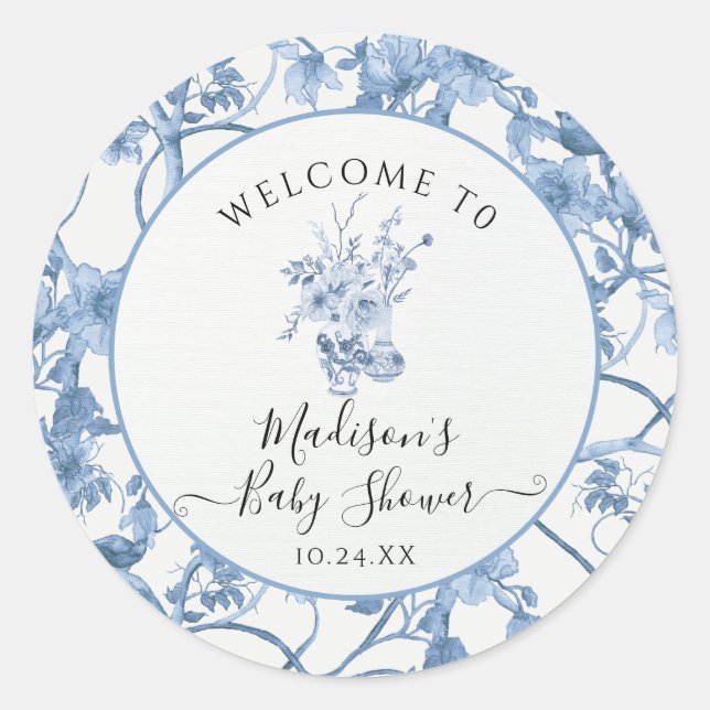 Toile Floral Blue and White Elegant Baby Shower Classic Round Sticker (Front)