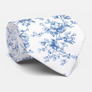Toile Floral Bouquet Blue White Vintage Botanical  Tie