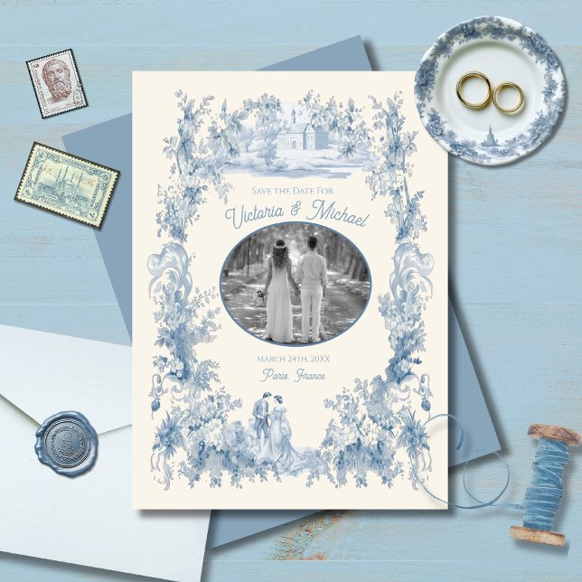 Toile Floral chateau Wedding Save the Date Photo Invitation (Creator Uploaded)