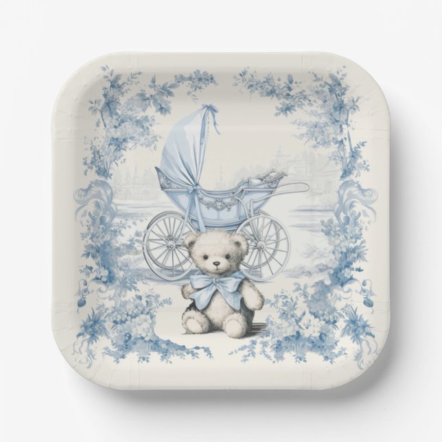 Toile Floral Teddy Bear Carriage Baby Shower Paper Plate (Front)