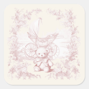 Toile Floral Teddy Bear Carriage Baby Shower Square Sticker
