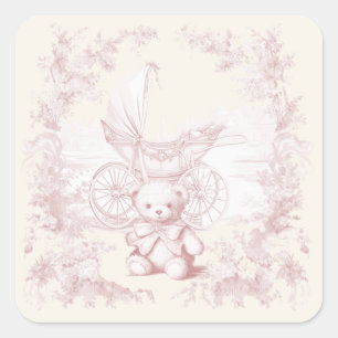 Toile Floral Teddy Bear Carriage Baby Shower Square Sticker