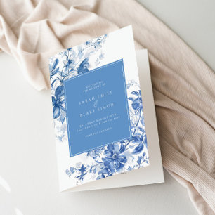 Toile French Blue Floral Folded Wedding Program Programme