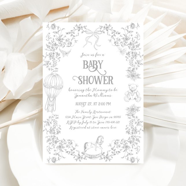 Toile French Elegant Grey Neutral Baby Shower Invitation (Creator Uploaded)