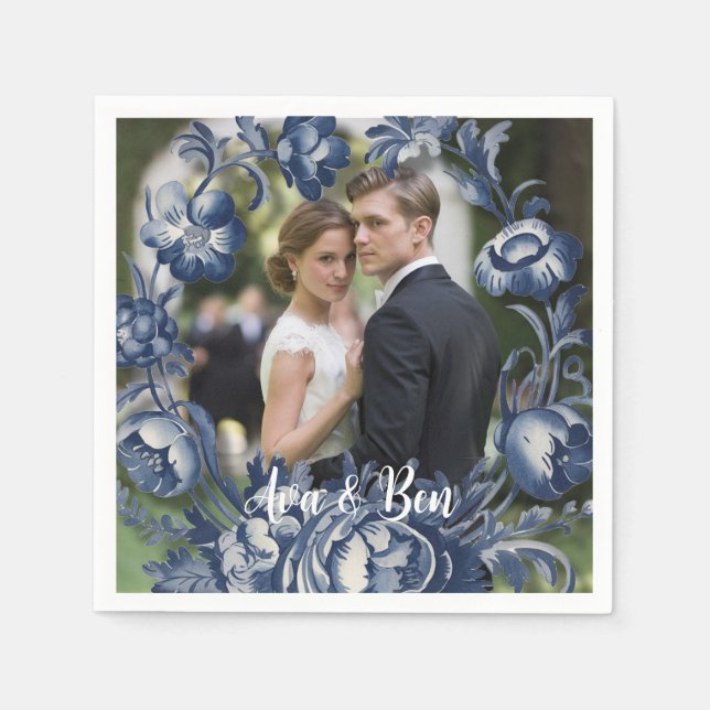 Toile French Vintage Blue Floral Wedding Napkin (Front)