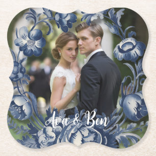 Toile French Vintage Blue Floral Wedding Paper Coaster