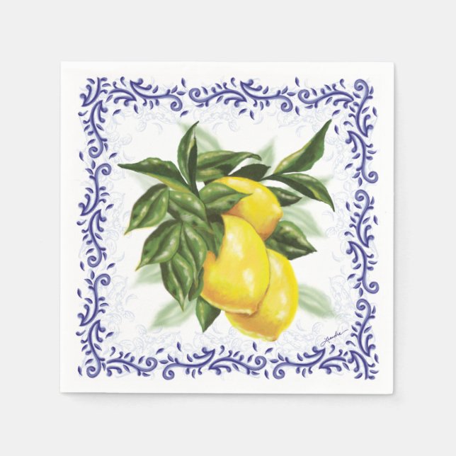 Toile Lemons Cocktail Napkins (Front)